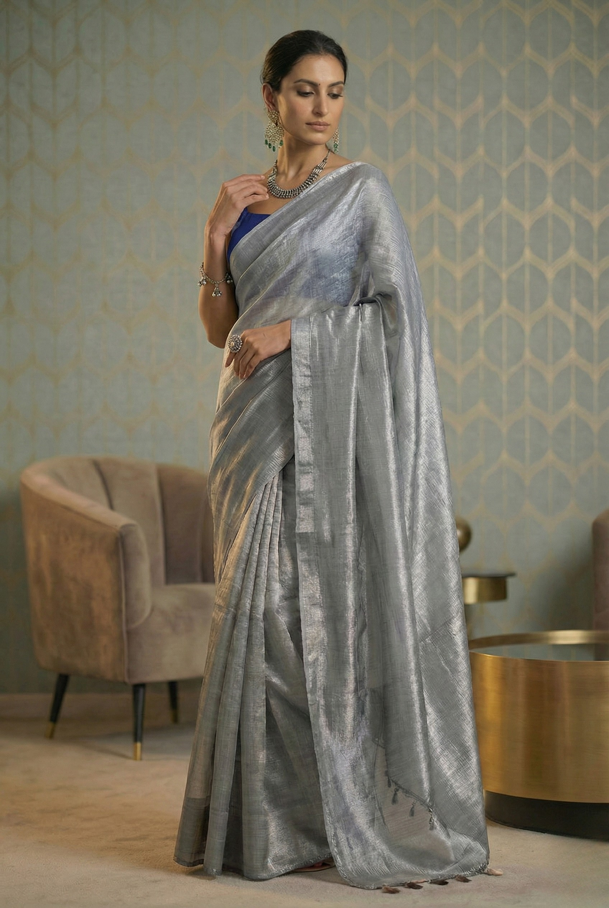 Silver linen tissue saree by MAYIN India
