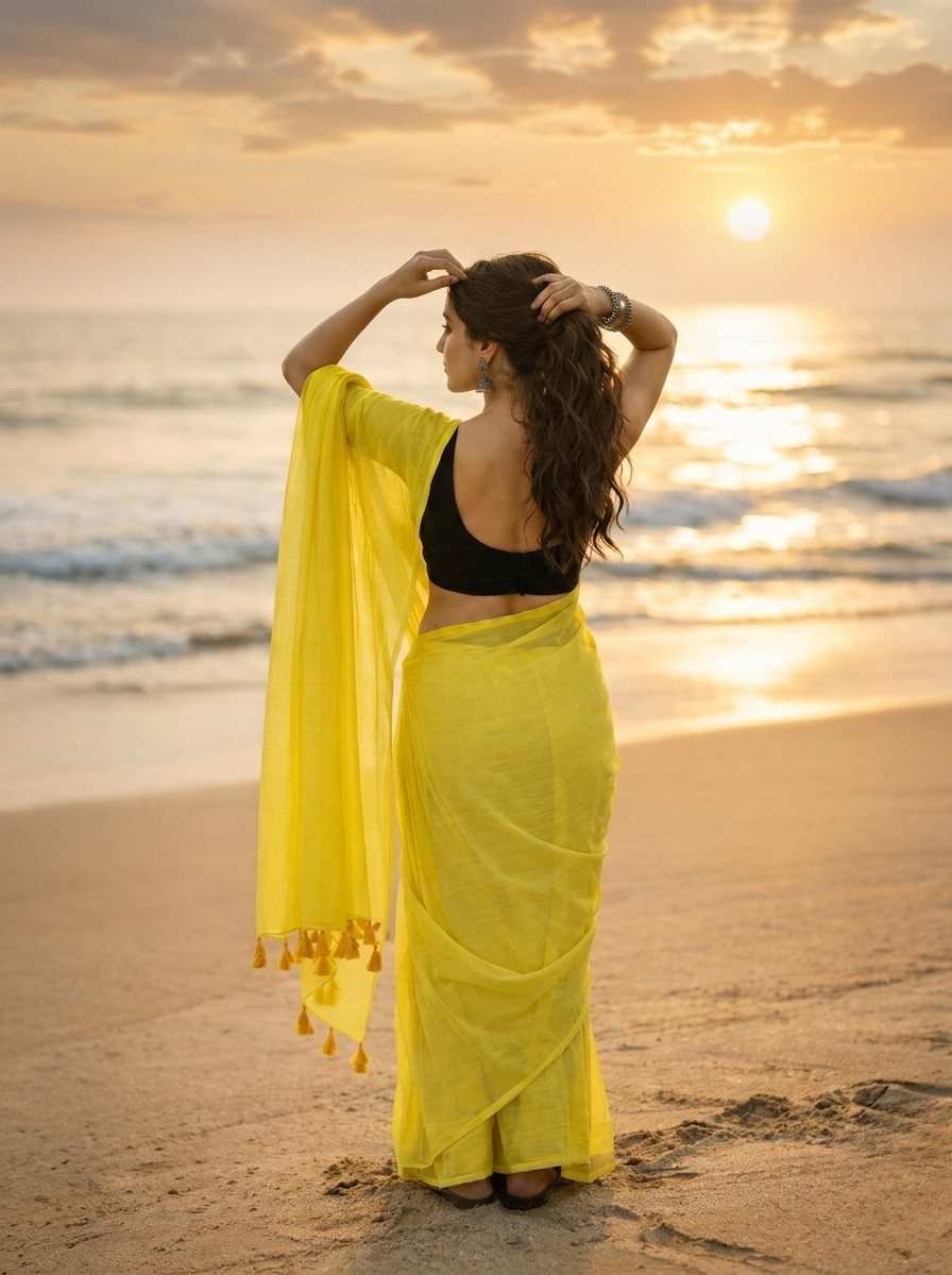 Lemonade - Plain Yellow Mul Cotton Saree