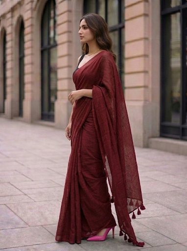 MAYIN India plain mul modal saree in garnet red