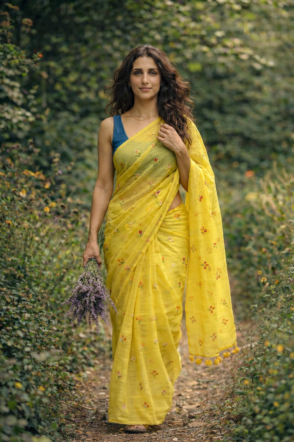 Gardenalia Yellow - Embroidered Mulmul Cotton Saree