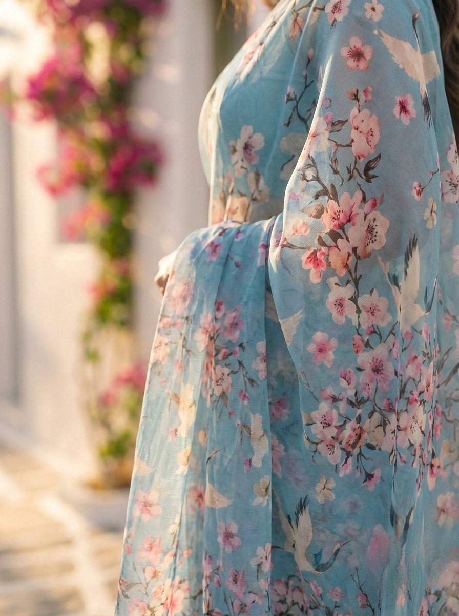 Printed floral chiffon saree in blue, MAYIN Sakura