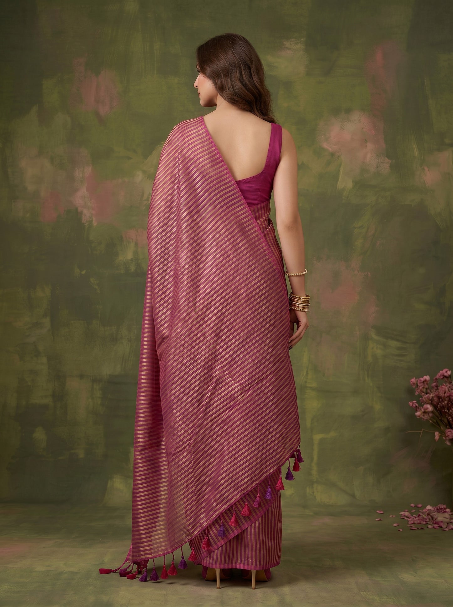 Meera - Magenta Striped Mul Cotton Zari Saree