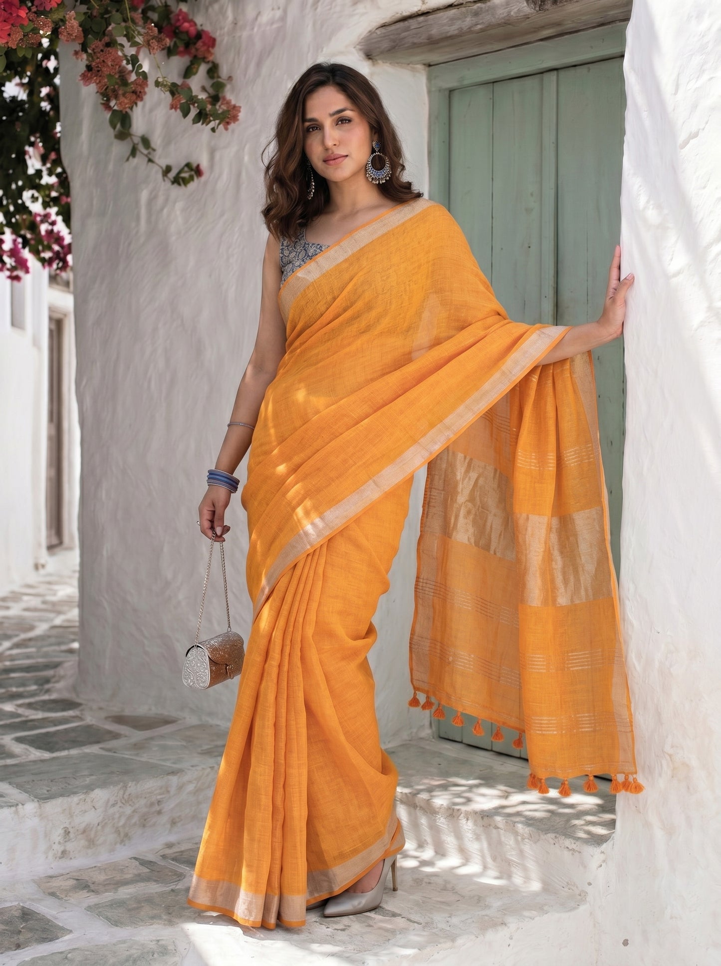 Golden Hour - Mustard Yellow Pure Handloom Linen Saree with Zari Border