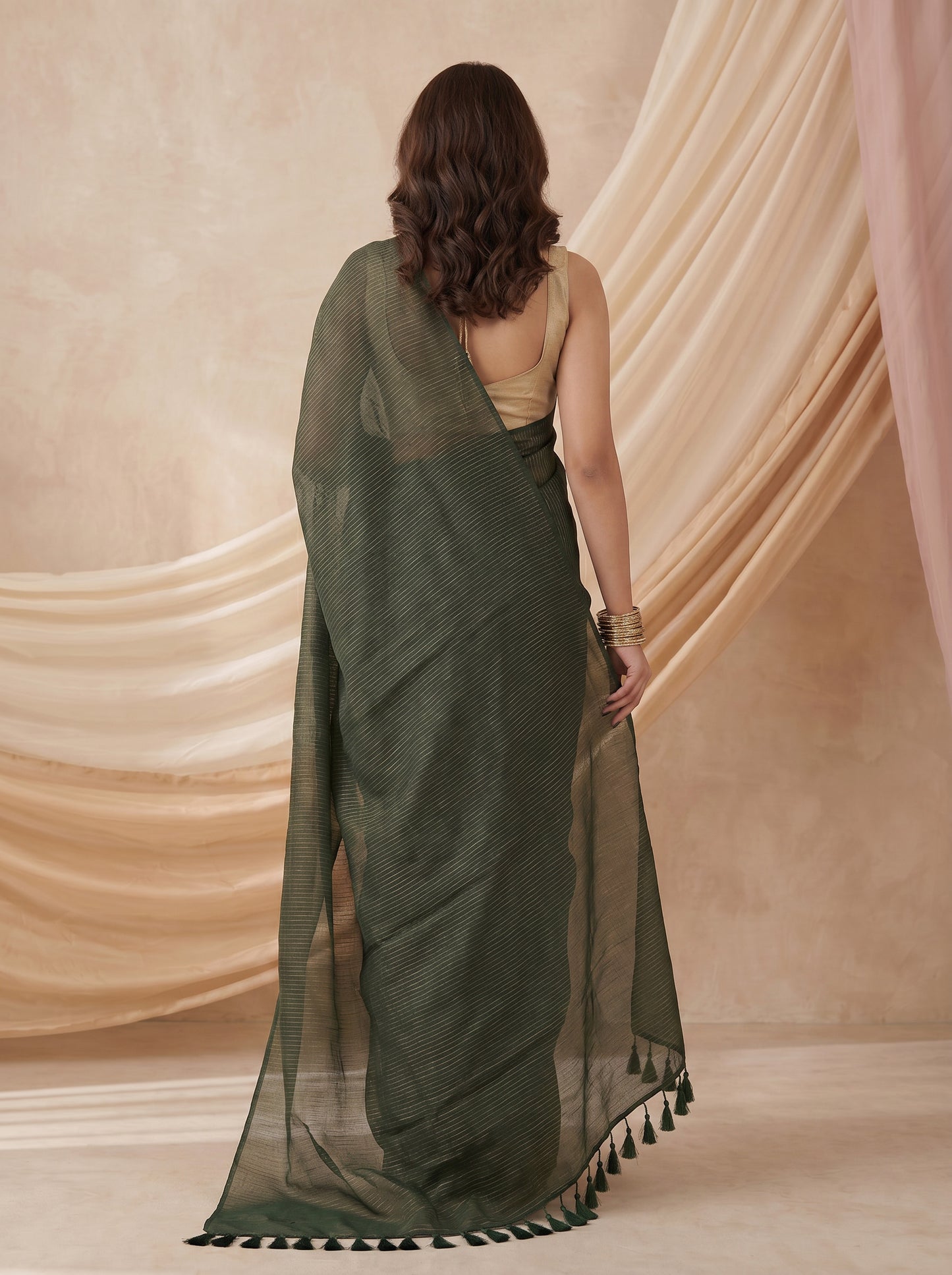 Emerald - Green Striped Mul Cotton Zari Saree
