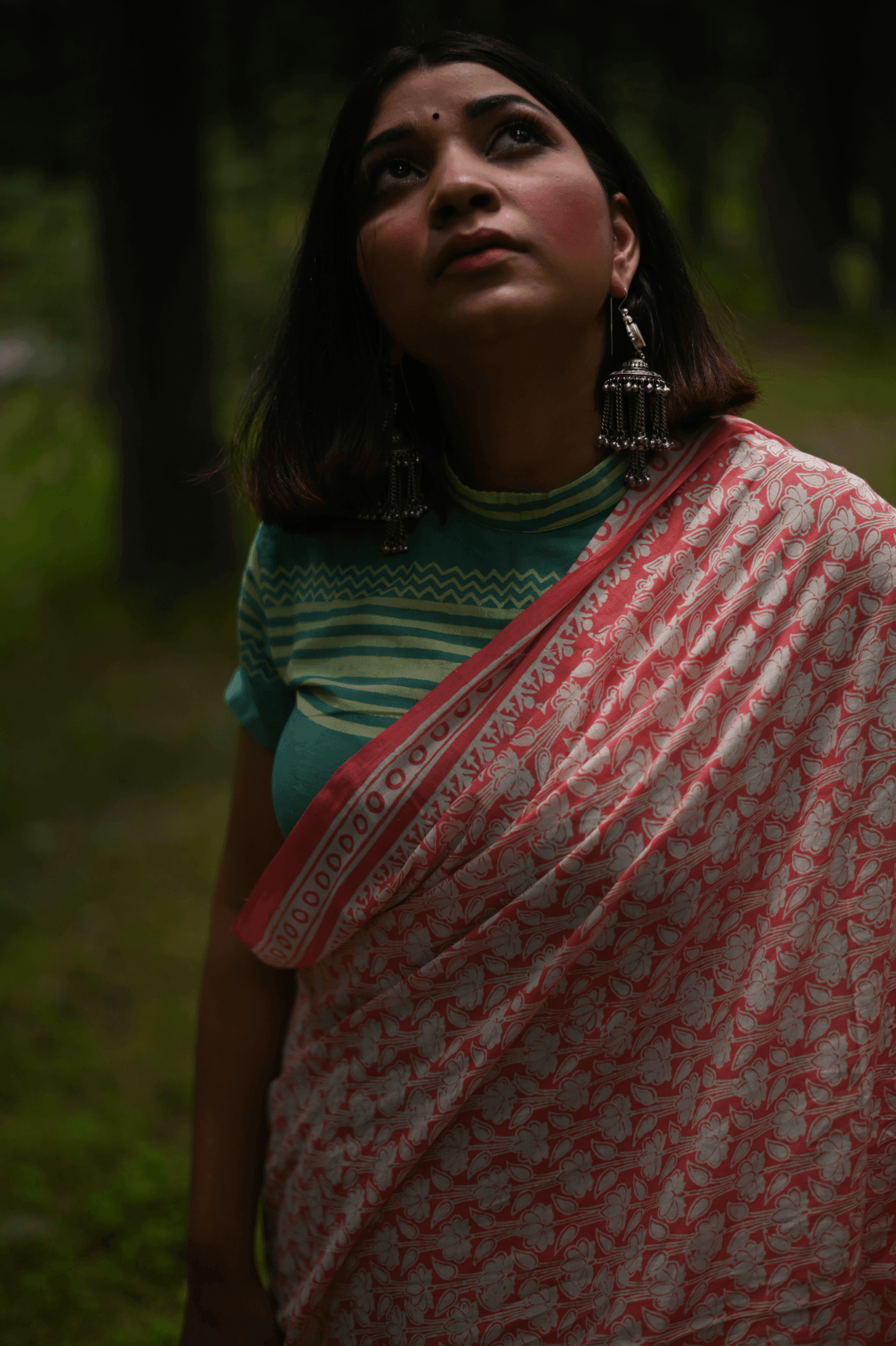 Coral Handwoven Handprinted Muslin Saree - Mayin India