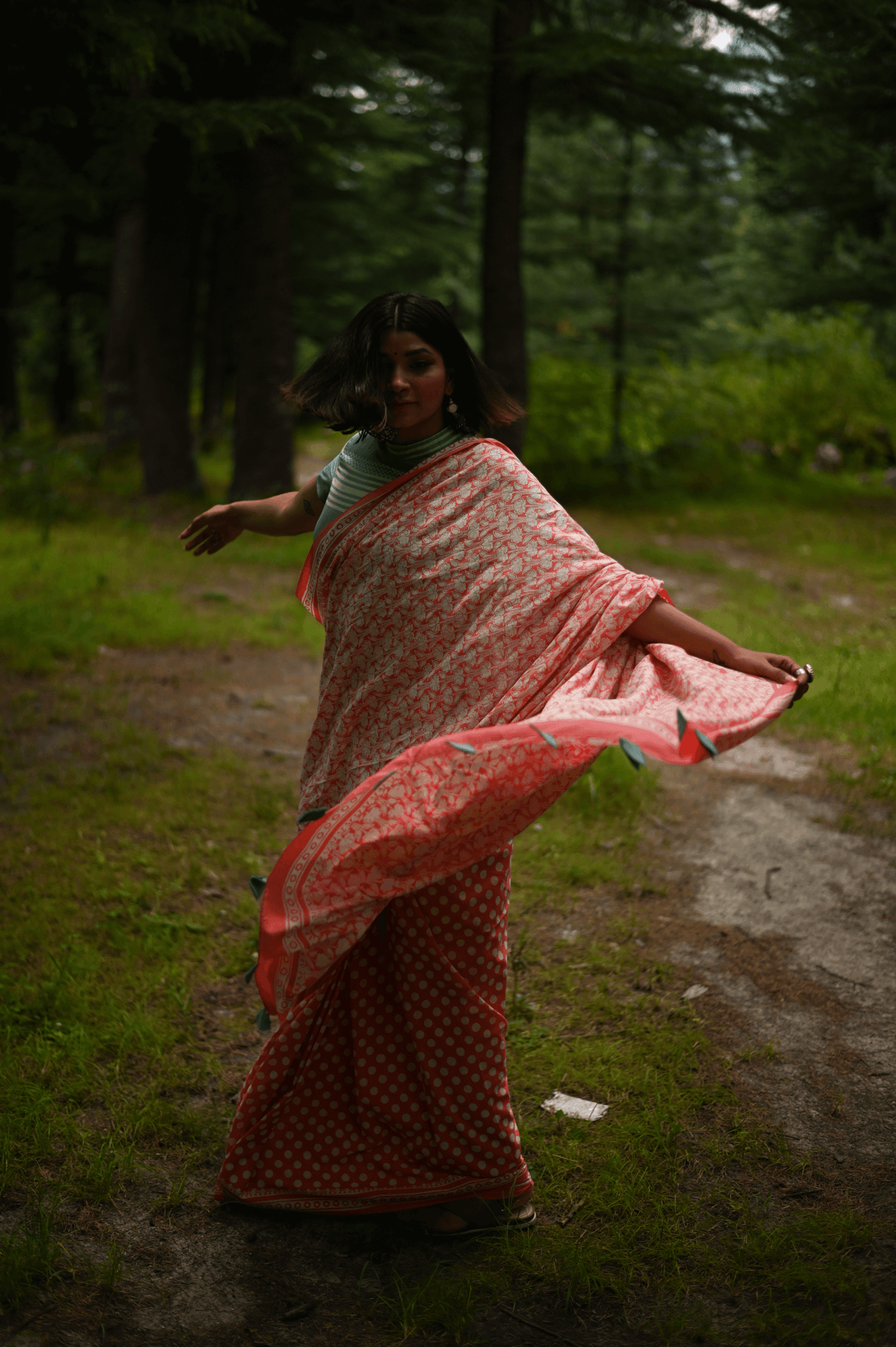 Coral Handwoven Handprinted Muslin Saree - Mayin India