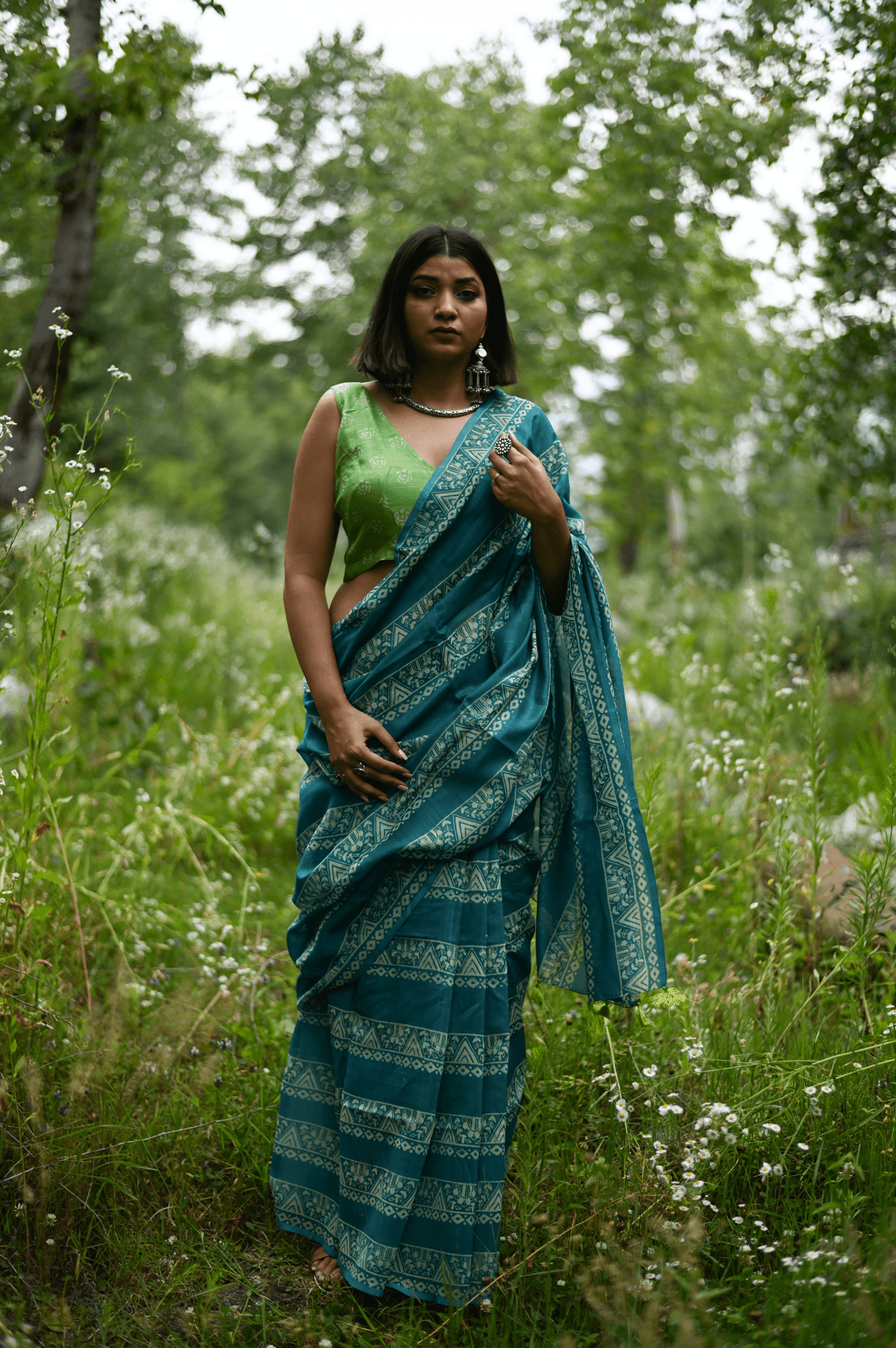 Teal Handprinted Handwoven Chanderi Saree - Mayin India