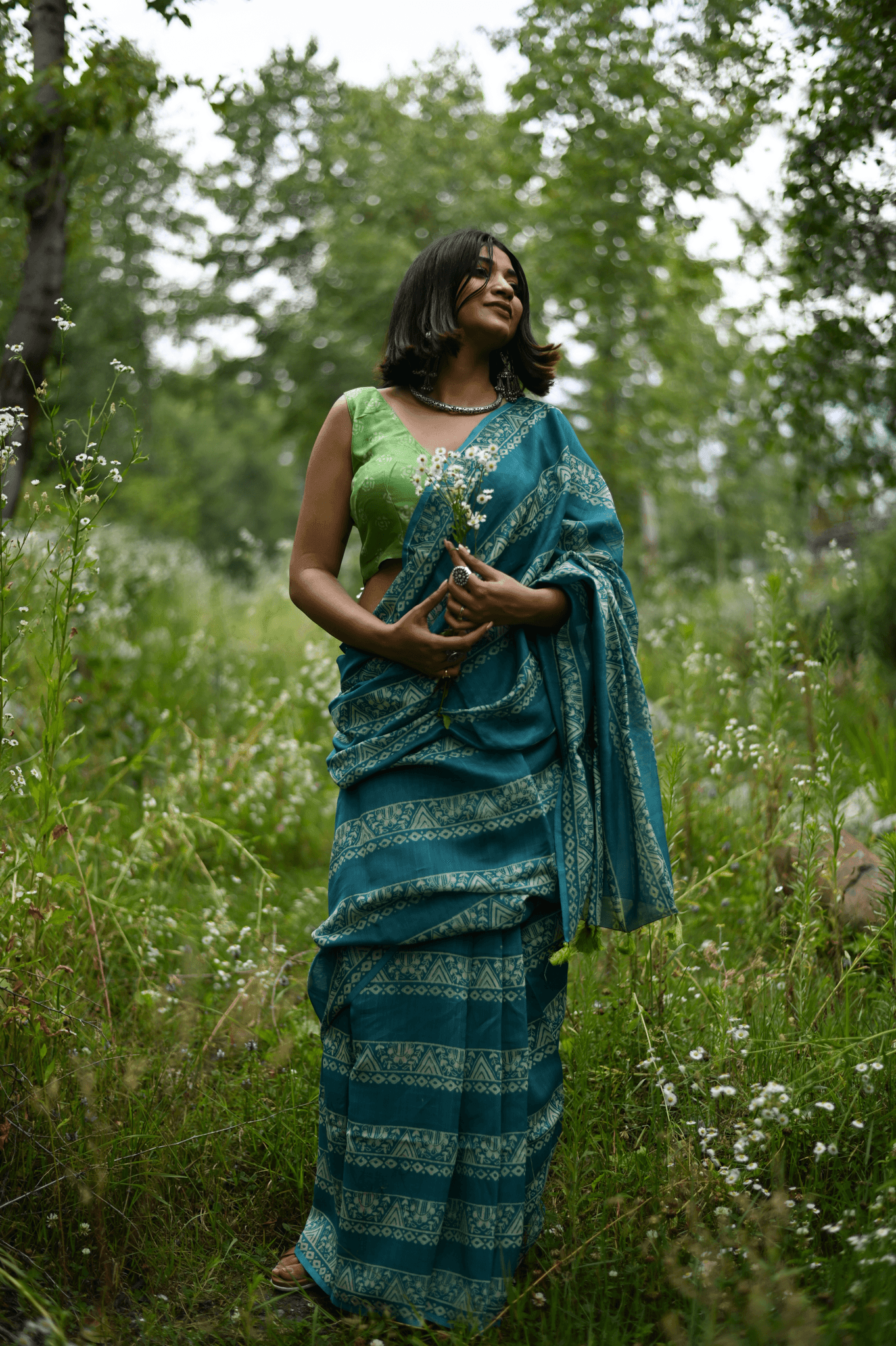 Teal Handprinted Handwoven Chanderi Saree - Mayin India