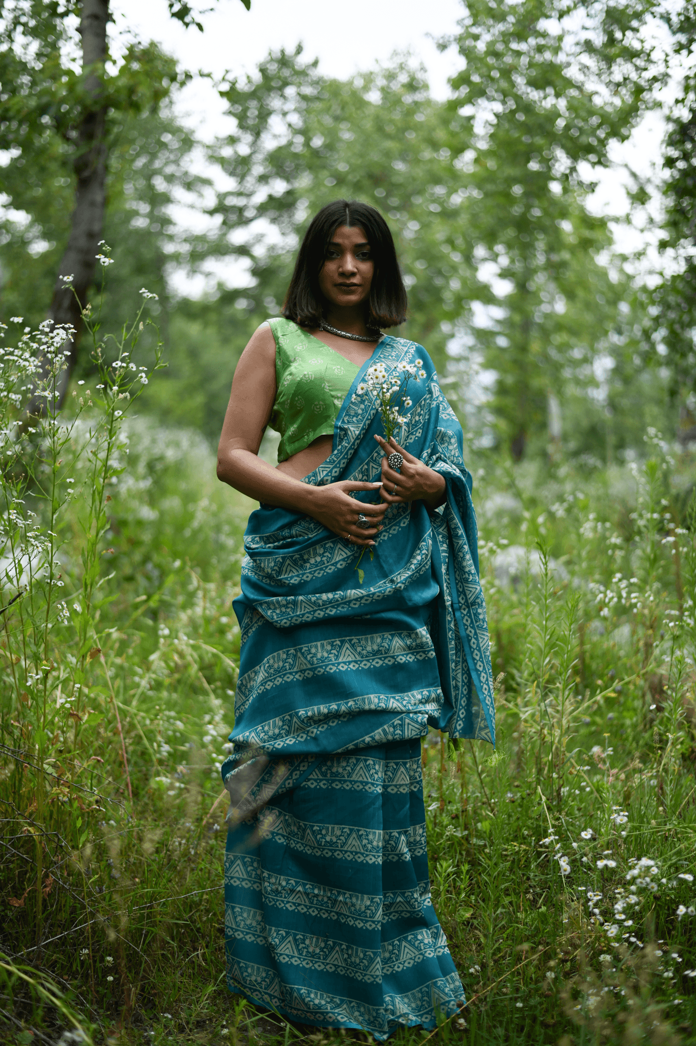 Teal Handprinted Handwoven Chanderi Saree - Mayin India