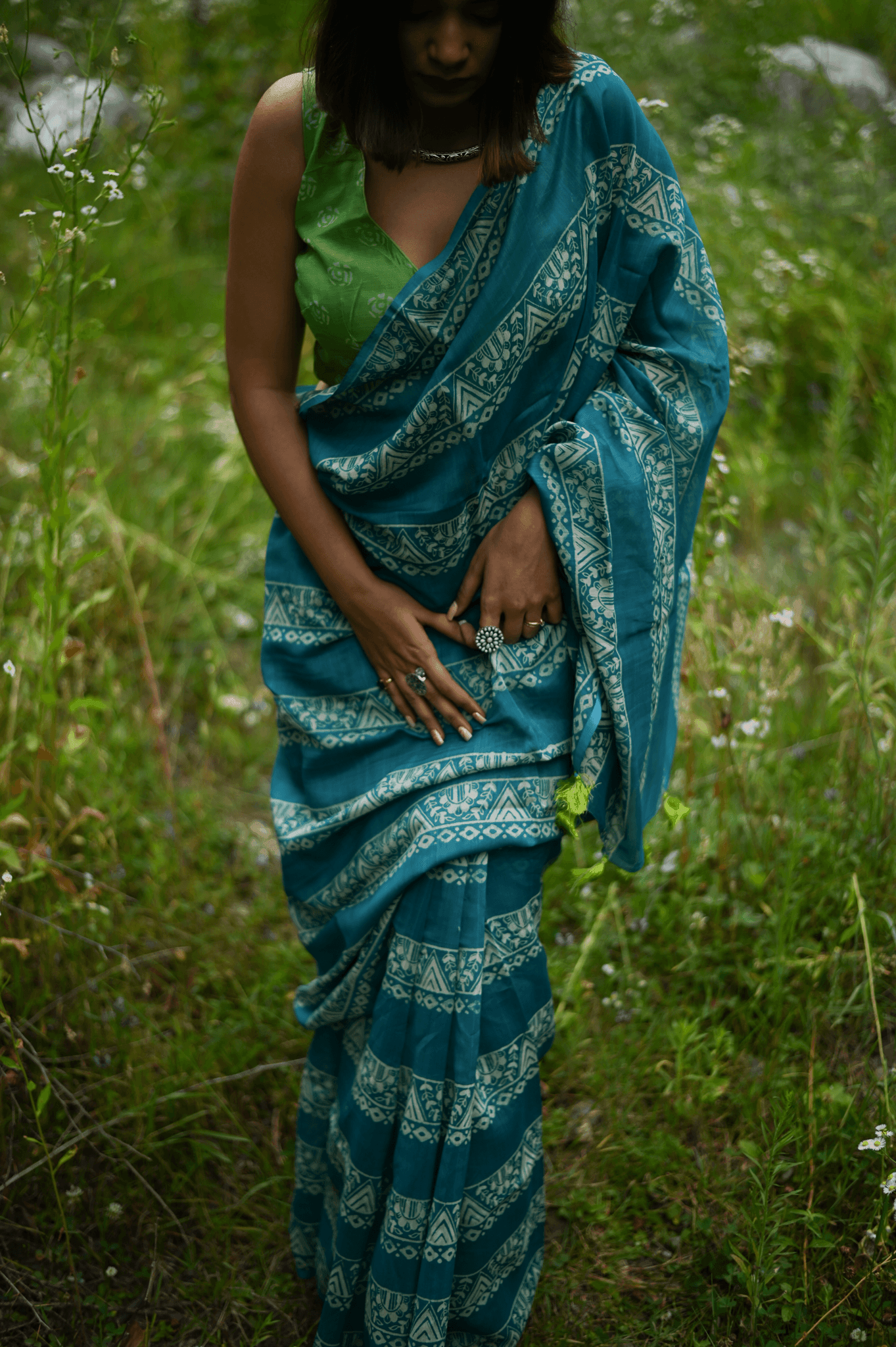 Teal Handprinted Handwoven Chanderi Saree - Mayin India