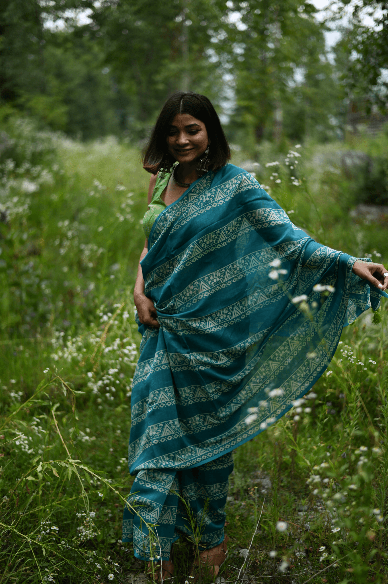 Teal Handprinted Handwoven Chanderi Saree - Mayin India