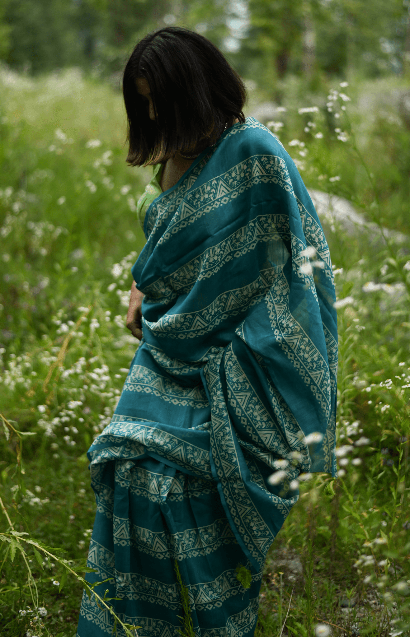 Teal Handprinted Handwoven Chanderi Saree - Mayin India