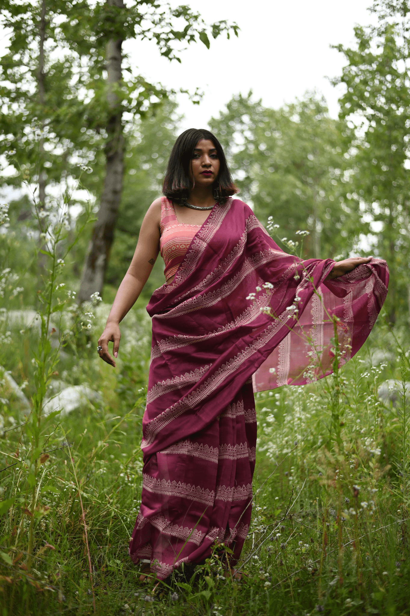 Fuschia Handprinted Handwoven Chanderi Saree - Mayin India
