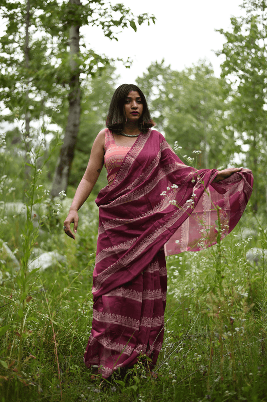 Fuschia Handprinted Handwoven Chanderi Saree - Mayin India