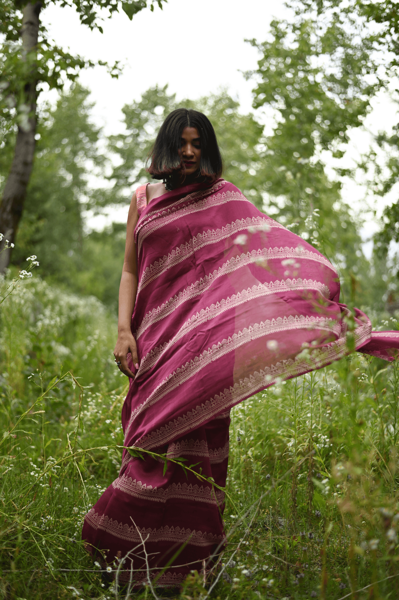 Fuschia Handprinted Handwoven Chanderi Saree - Mayin India