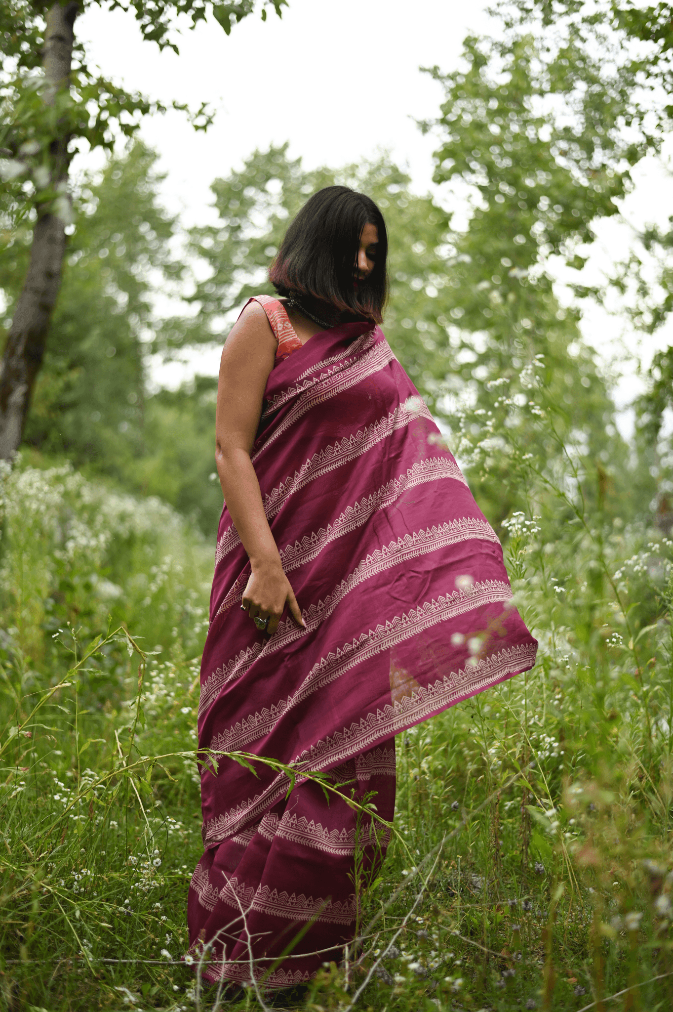 Fuschia Handprinted Handwoven Chanderi Saree - Mayin India