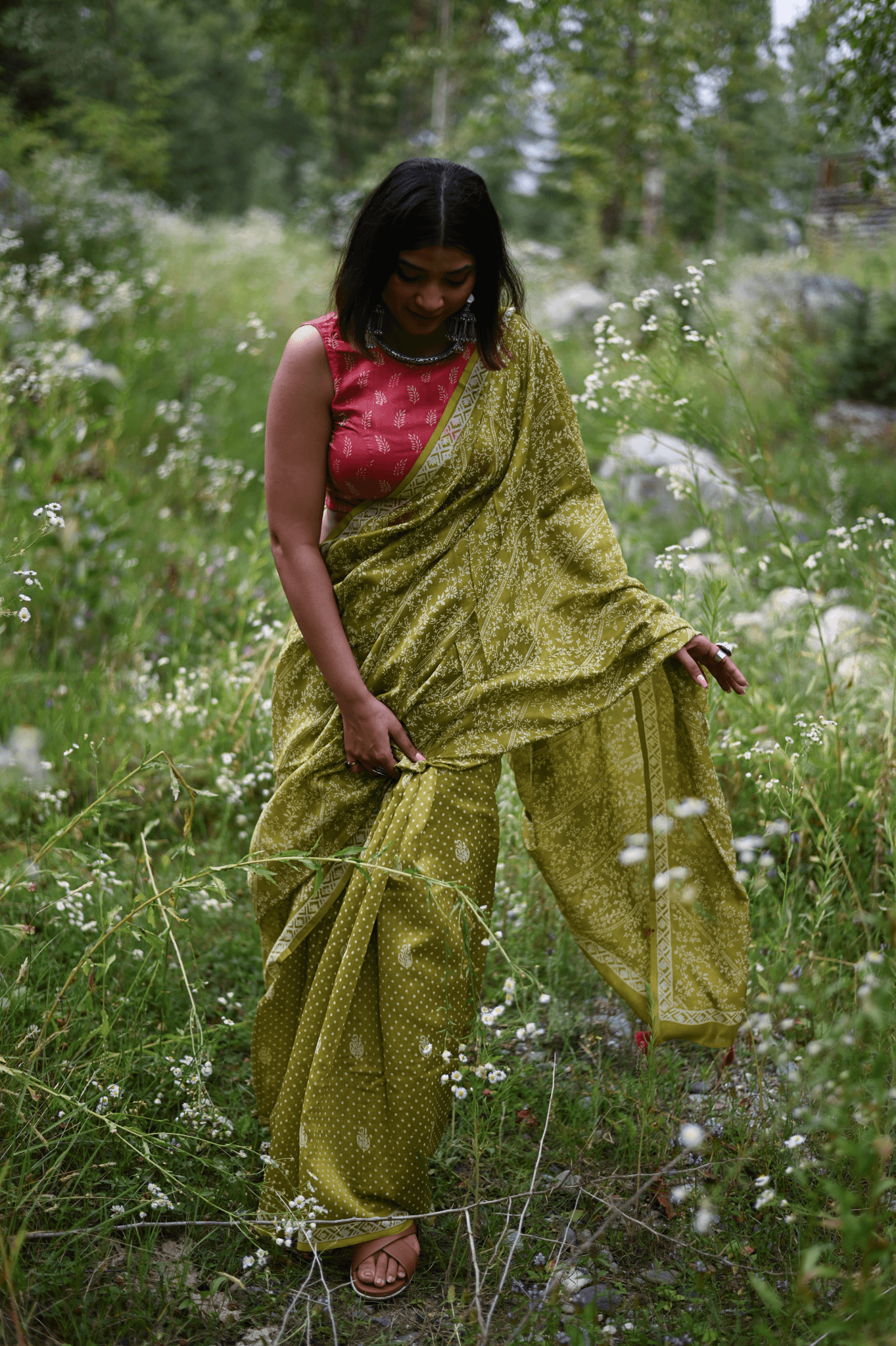 Mehendi Handprinted Handwoven Chanderi Saree - Mayin India