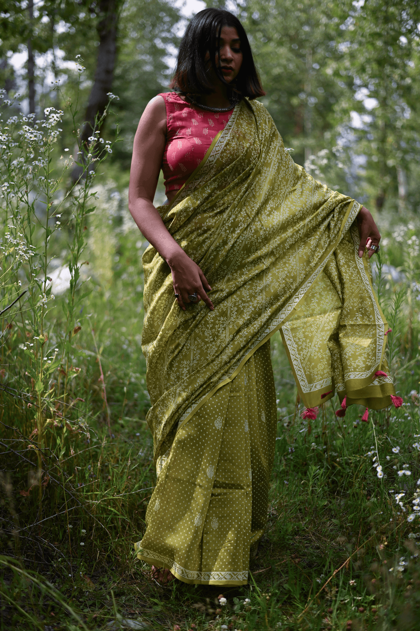 Mehendi Handprinted Handwoven Chanderi Saree - Mayin India