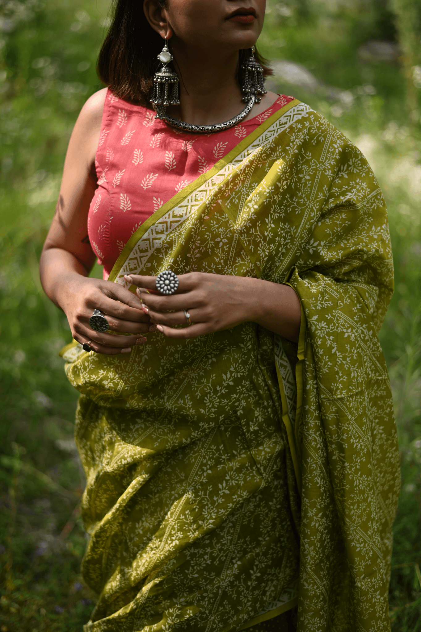 Mehendi Handprinted Handwoven Chanderi Saree - Mayin India