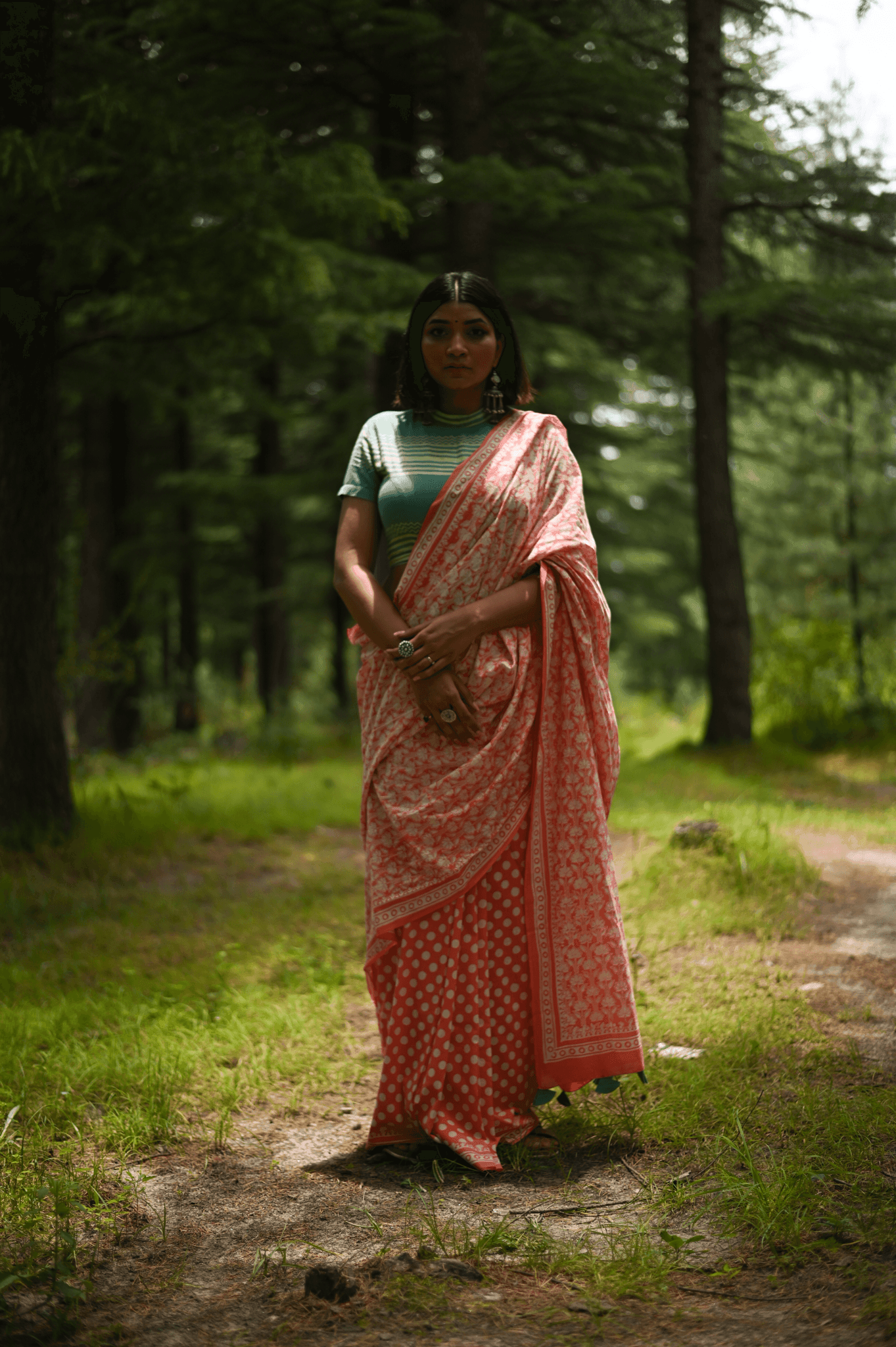 Coral Handwoven Handprinted Muslin Saree - Mayin India