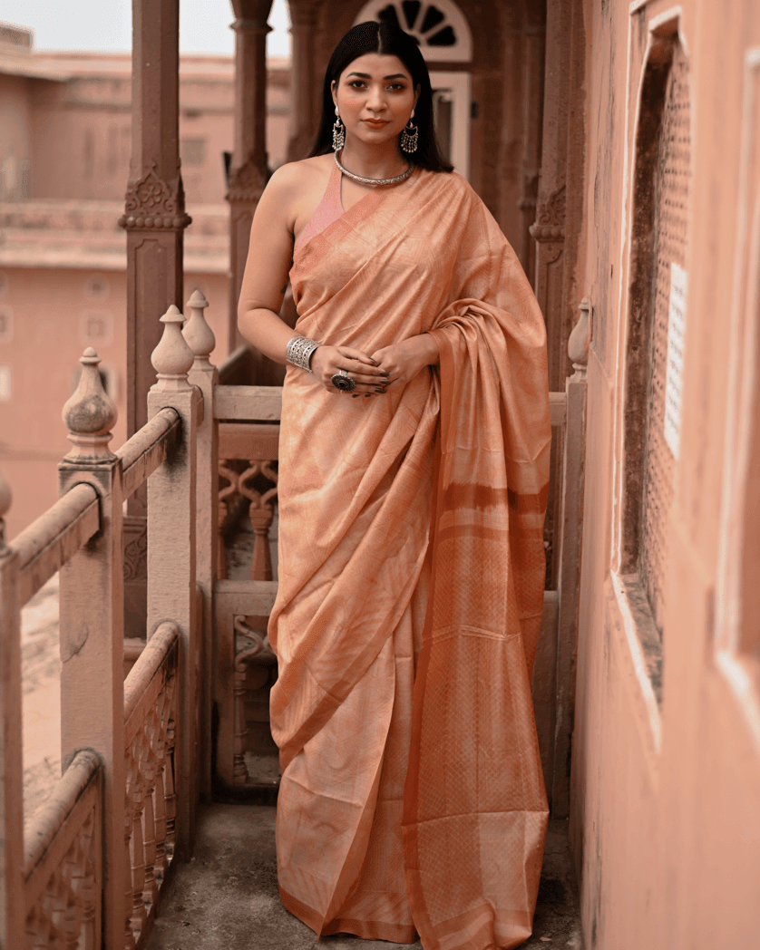 Dusty Peach Shibori Tussar Silk Saree - Mayin India