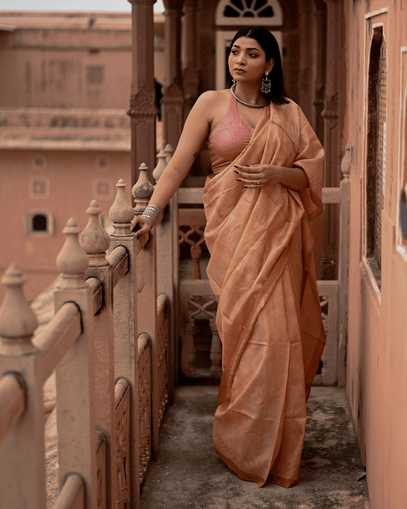 Dusty Peach Shibori Tussar Silk Saree - Mayin India