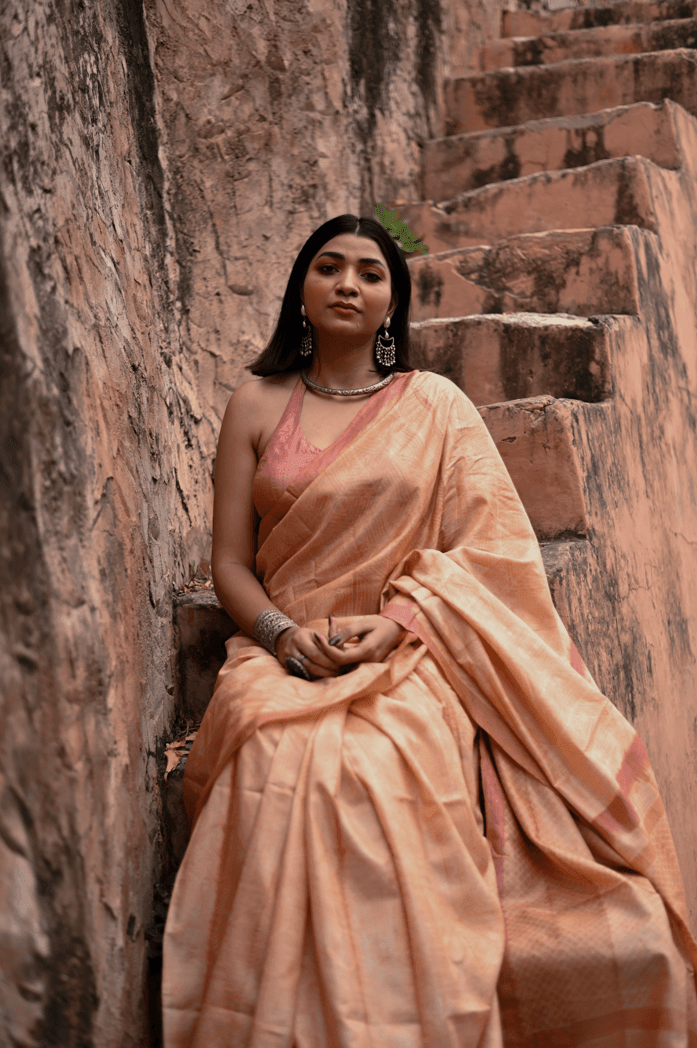 Dusty Peach Shibori Tussar Silk Saree - Mayin India