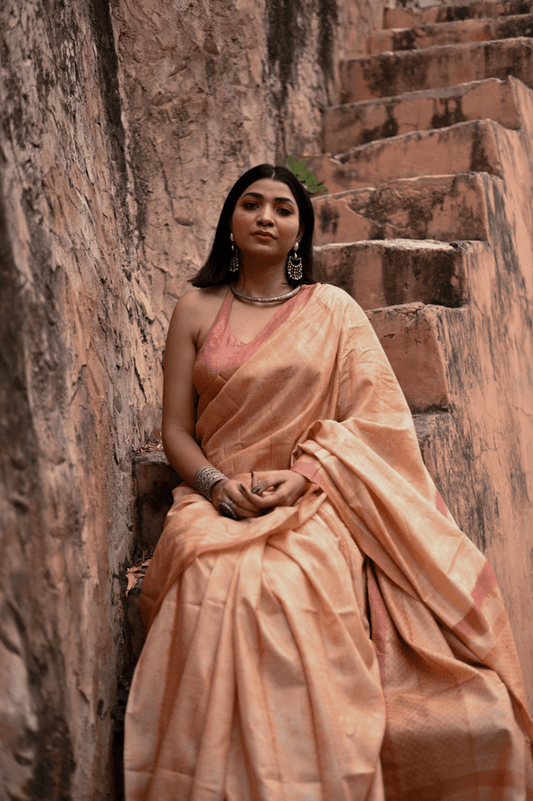 Dusty Peach Shibori Tussar Silk Saree - Mayin India