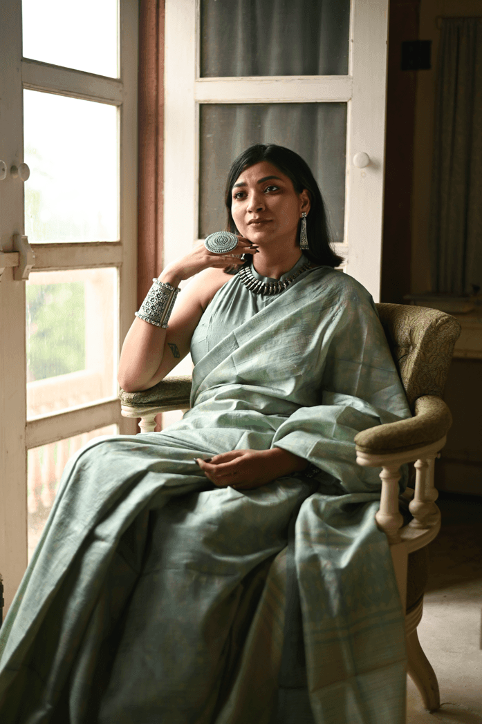 Pastel Green Shibori Tussar Silk Saree - Mayin India