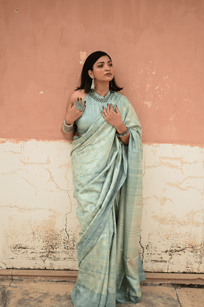 Pastel Green Shibori Tussar Silk Saree - Mayin India