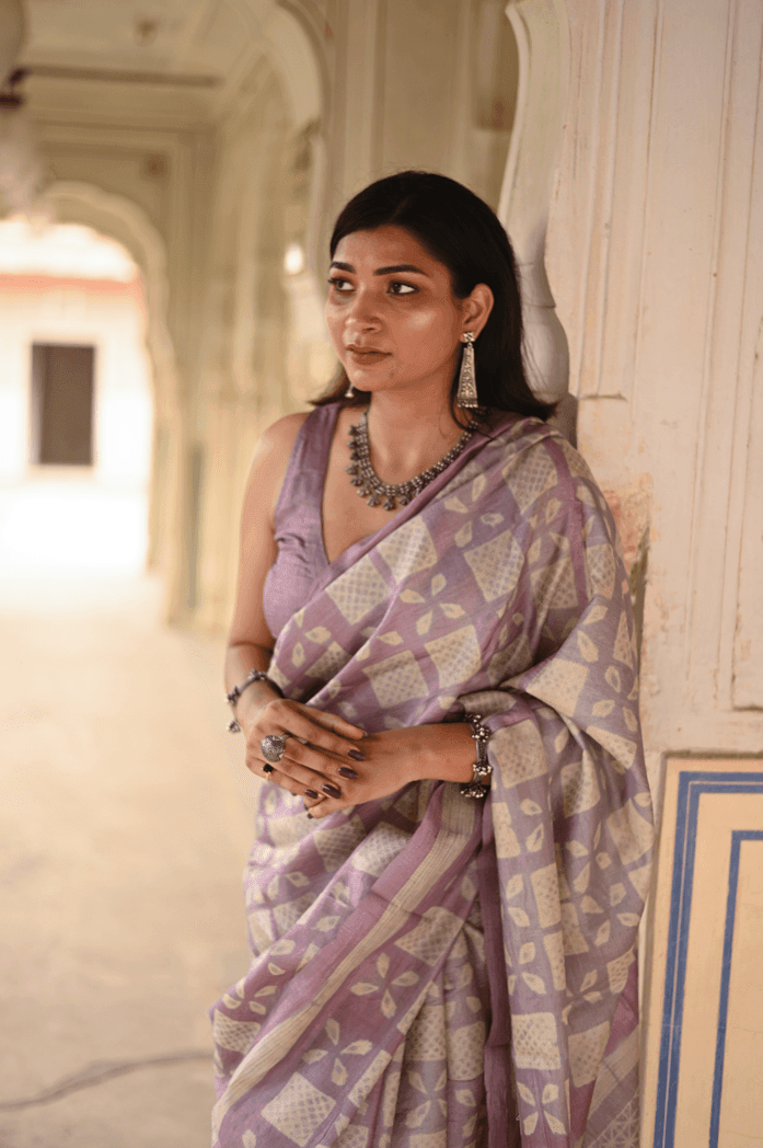 Purple Shibori Tussar Silk Saree - Mayin India