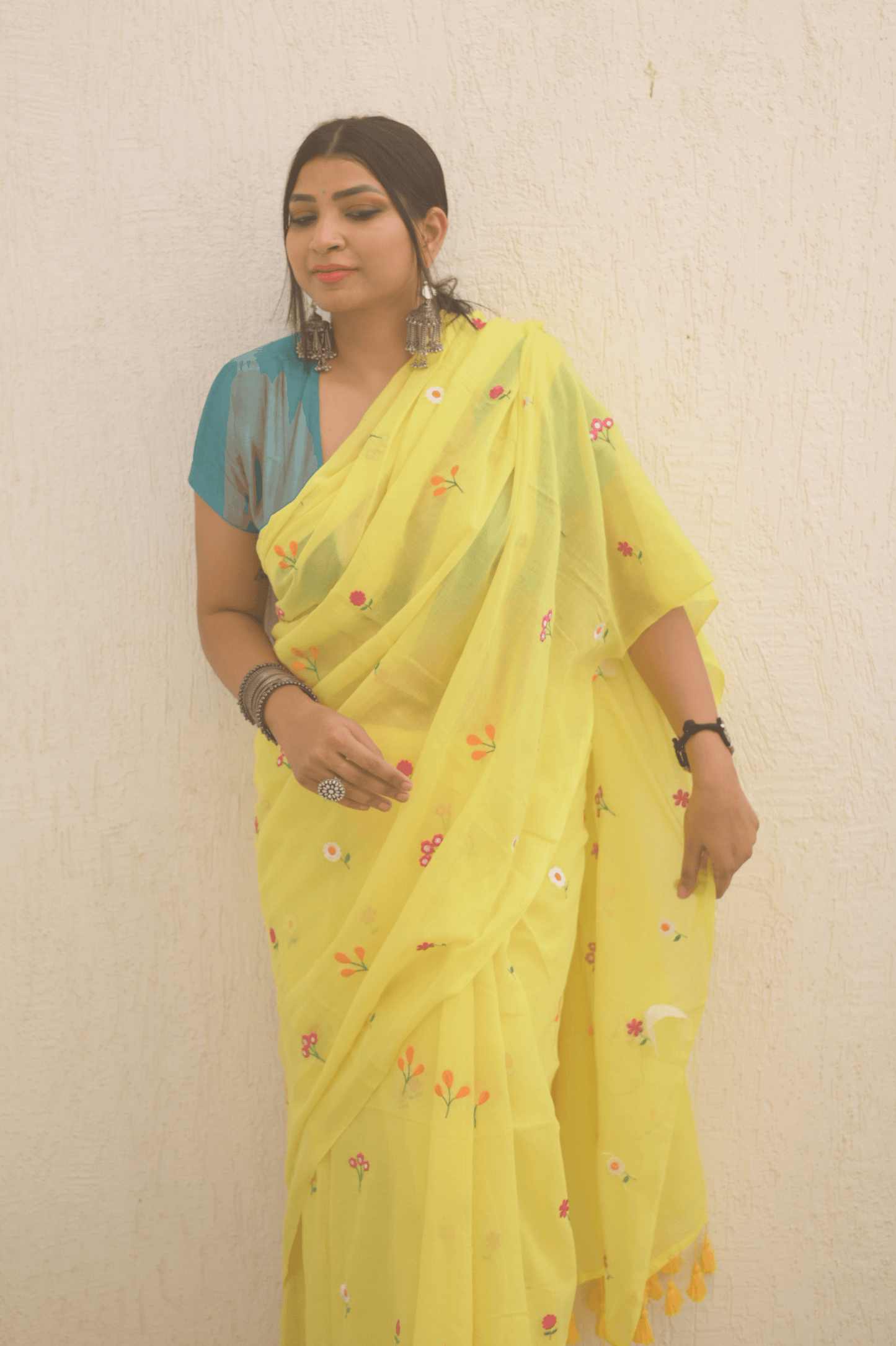 Gardenalia Yellow Mul Saree - Mayin India