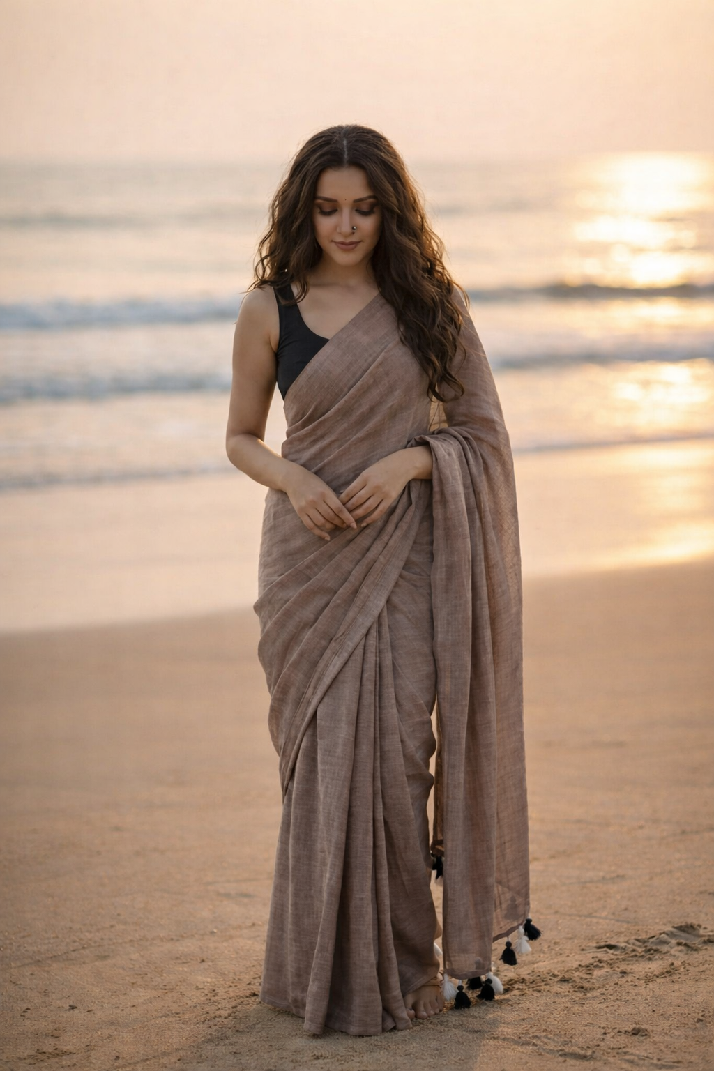 Toasted Almond plain taupe mul cotton saree by MAYIN