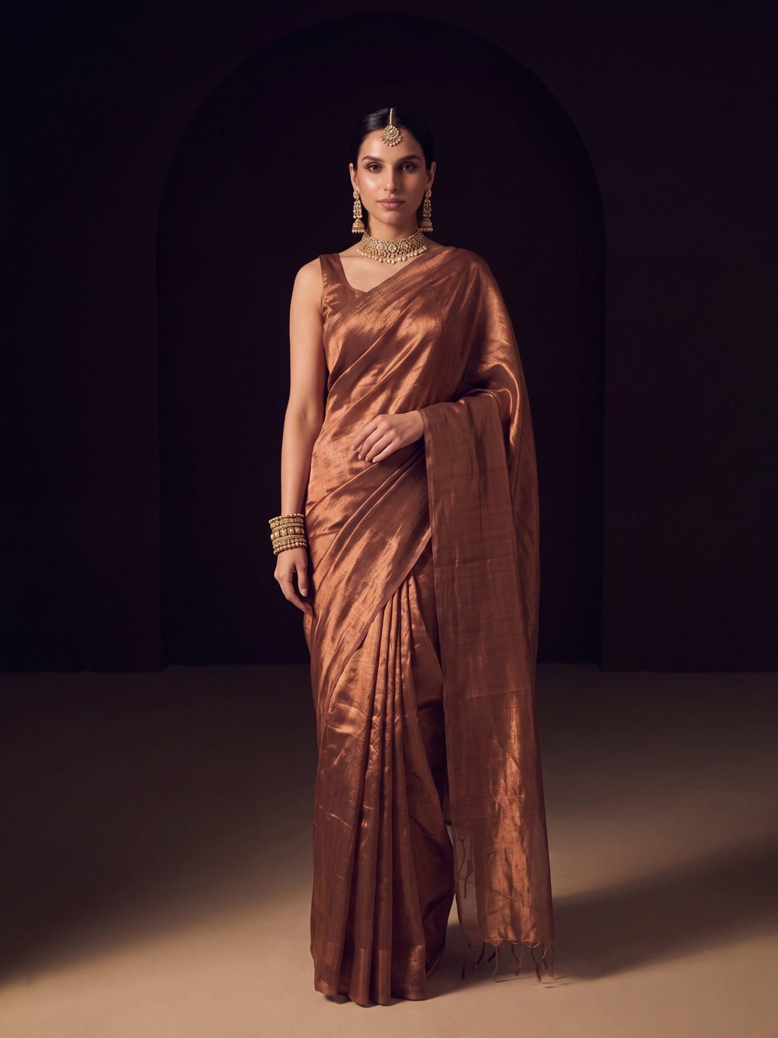 Devina plain gold mul cotton tissue saree by MAYIN for Diwali pooja