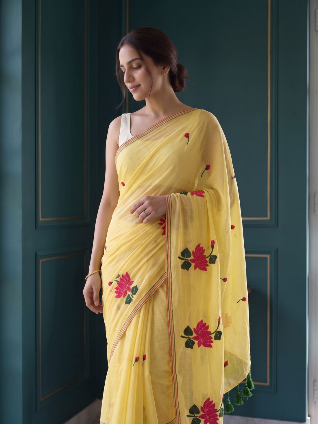 Sunkissed lemon yellow mul cotton saree with red lotus motifs by MAYIN