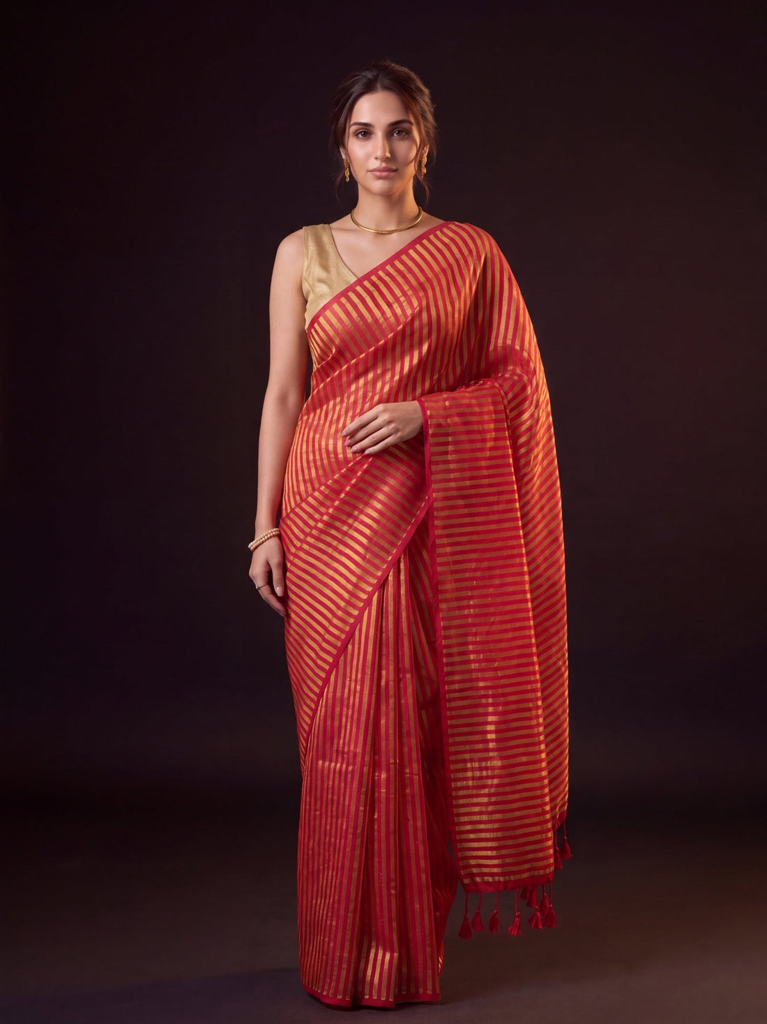 Manjari red striped mul cotton saree with zari by MAYIN