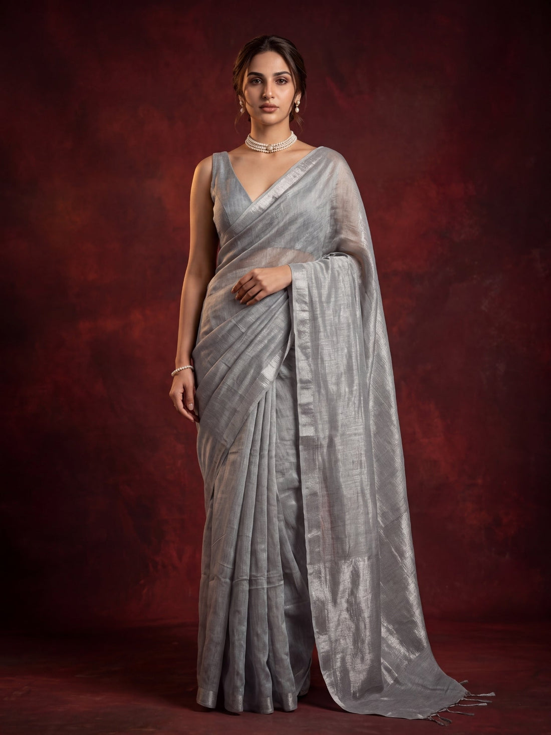 Silver handloom linen tissue saree by MAYIN