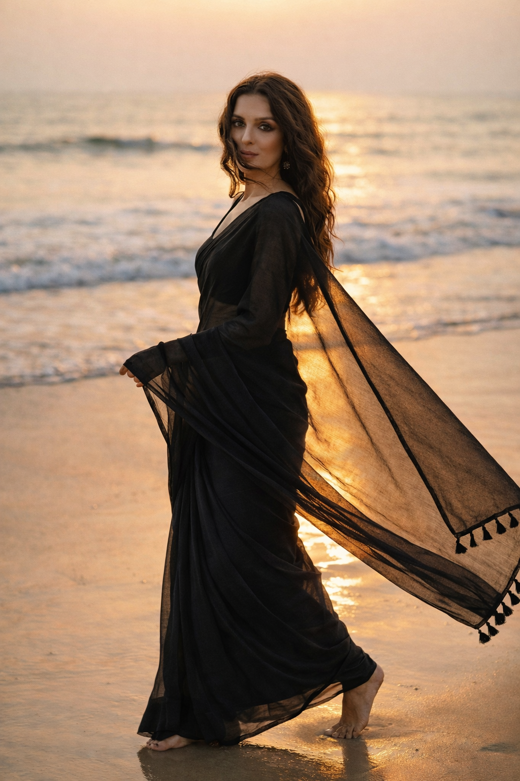After Dark plain black mul cotton saree by MAYIN