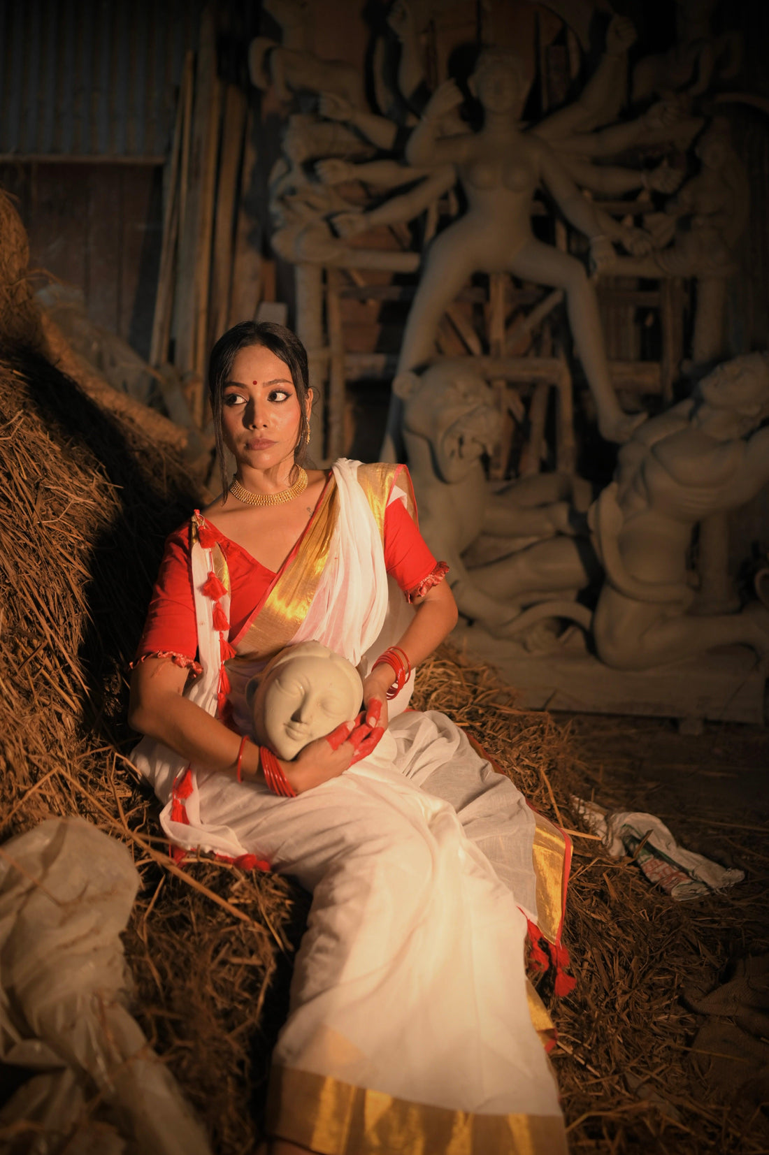 Kamakshi white mul cotton saree with red border and gold zari by MAYIN