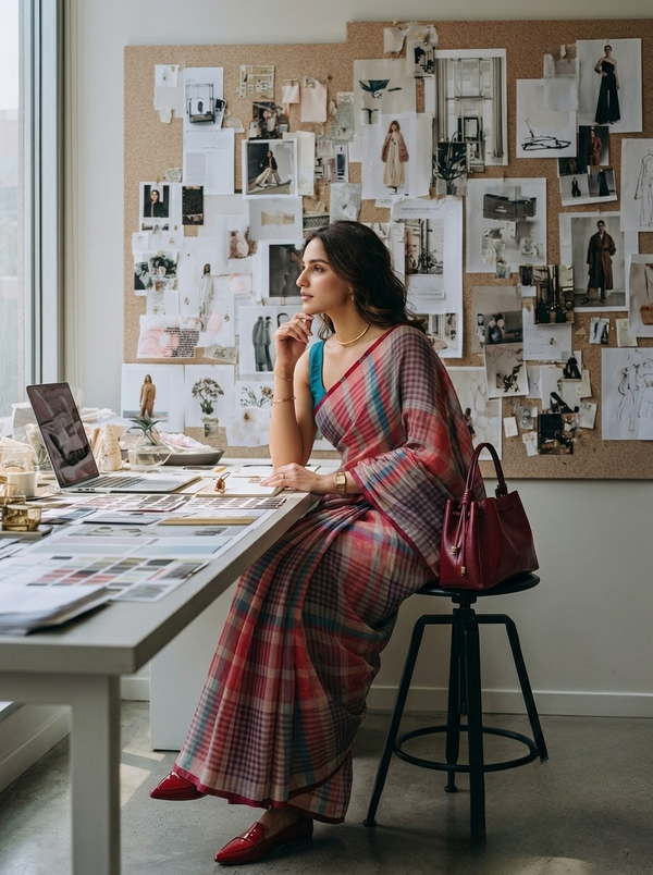 Corner Office multicolour checked pure handloom linen saree by MAYIN