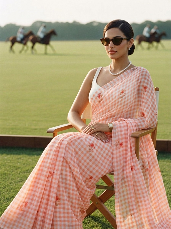 Fresh Bloom peach and orange gingham print pure chiffon saree by MAYIN