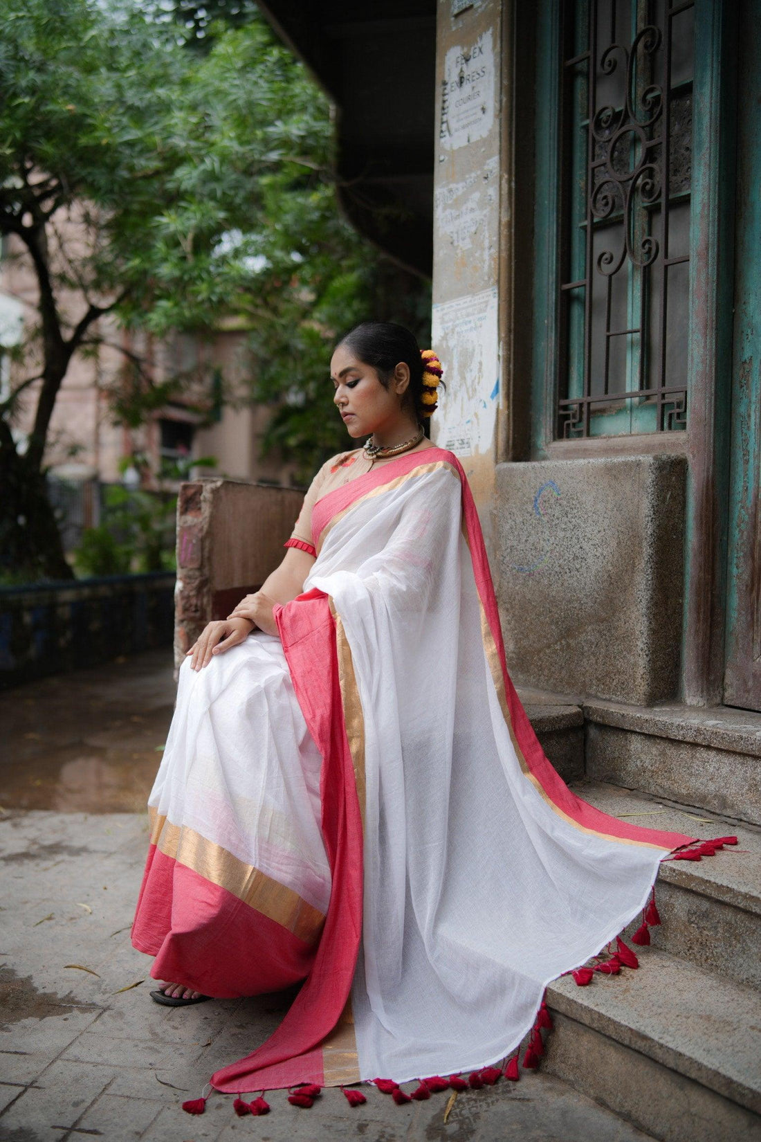 Devi white mul cotton saree with red and gold detailing by MAYIN