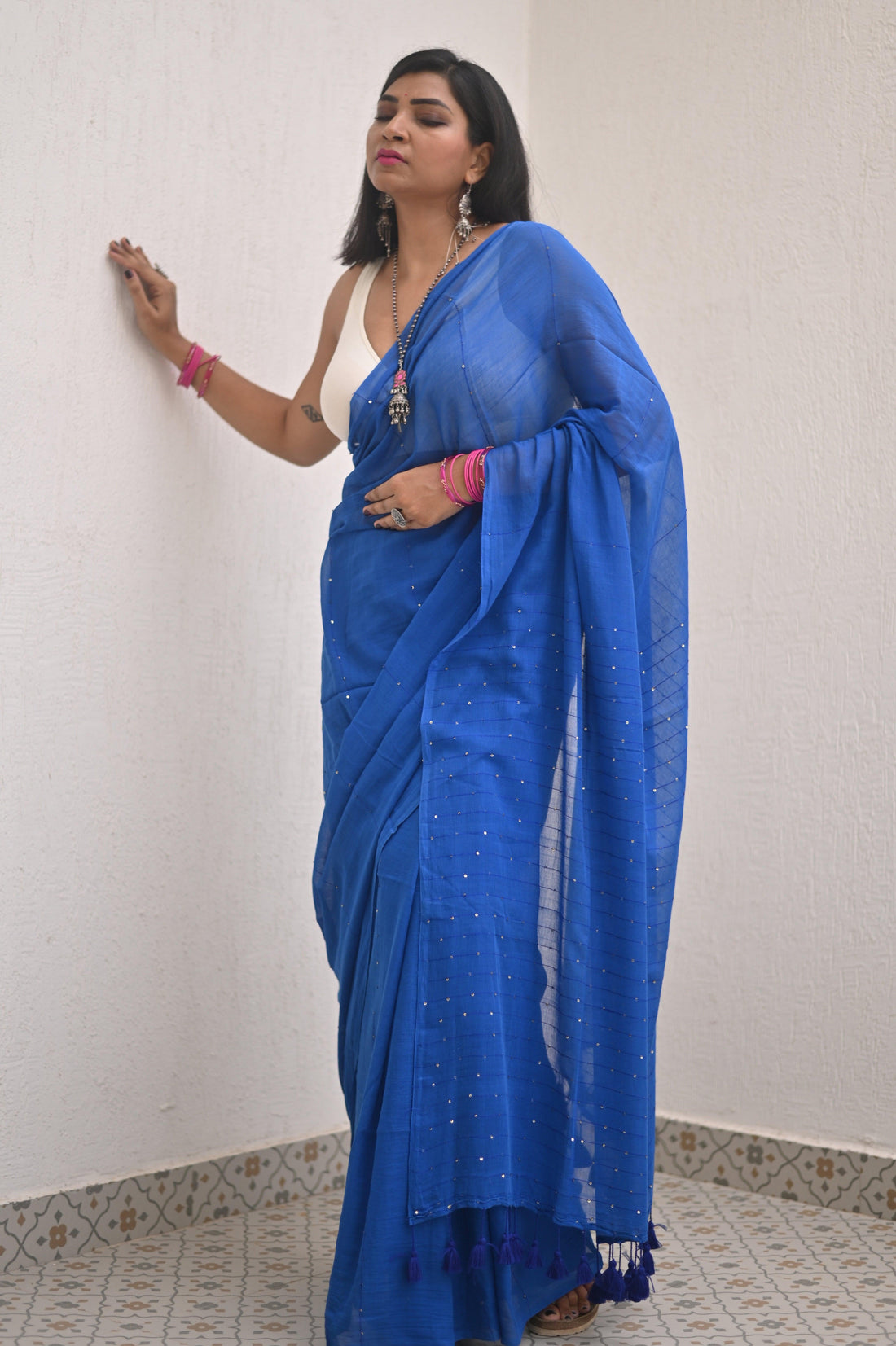 Blue De France blue sequin mul cotton saree by MAYIN