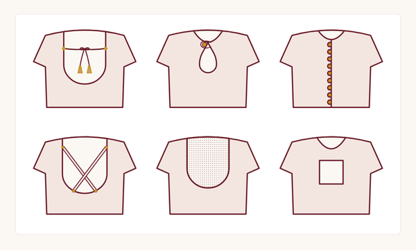 Line drawing of six blouse back neck designs: dori with latkans, keyhole, potli buttons, criss-cross, sheer and window