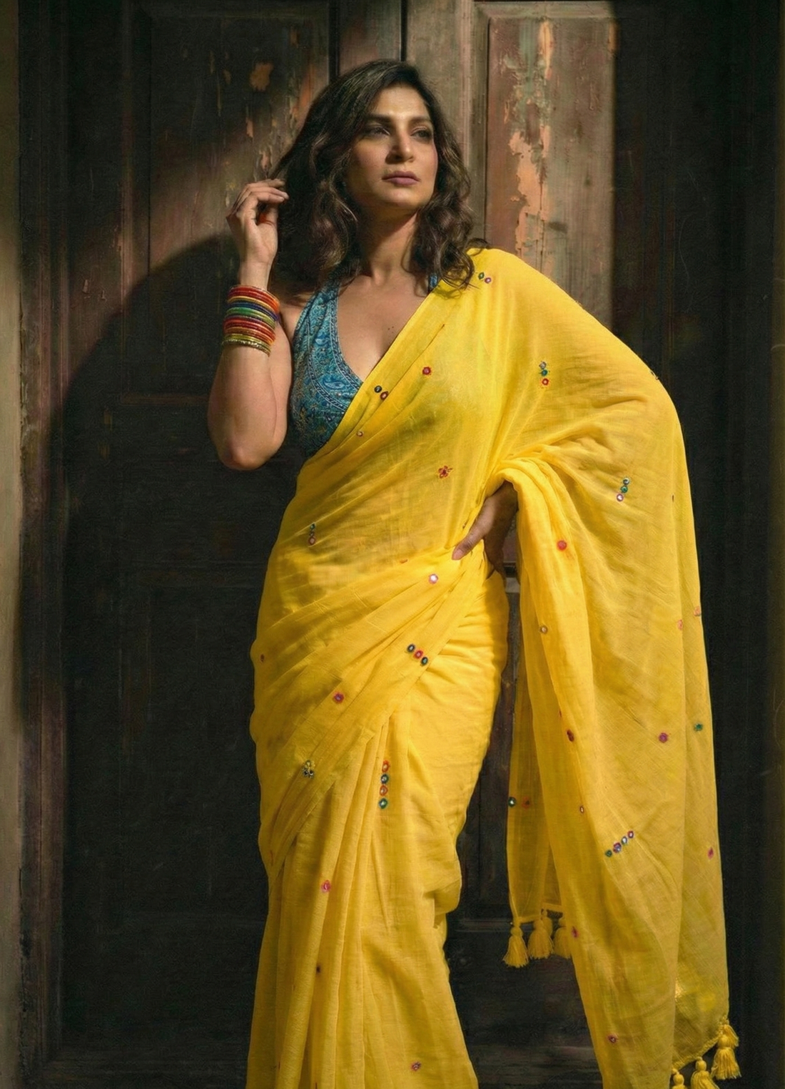 Aisha yellow mul cotton saree by MAYIN