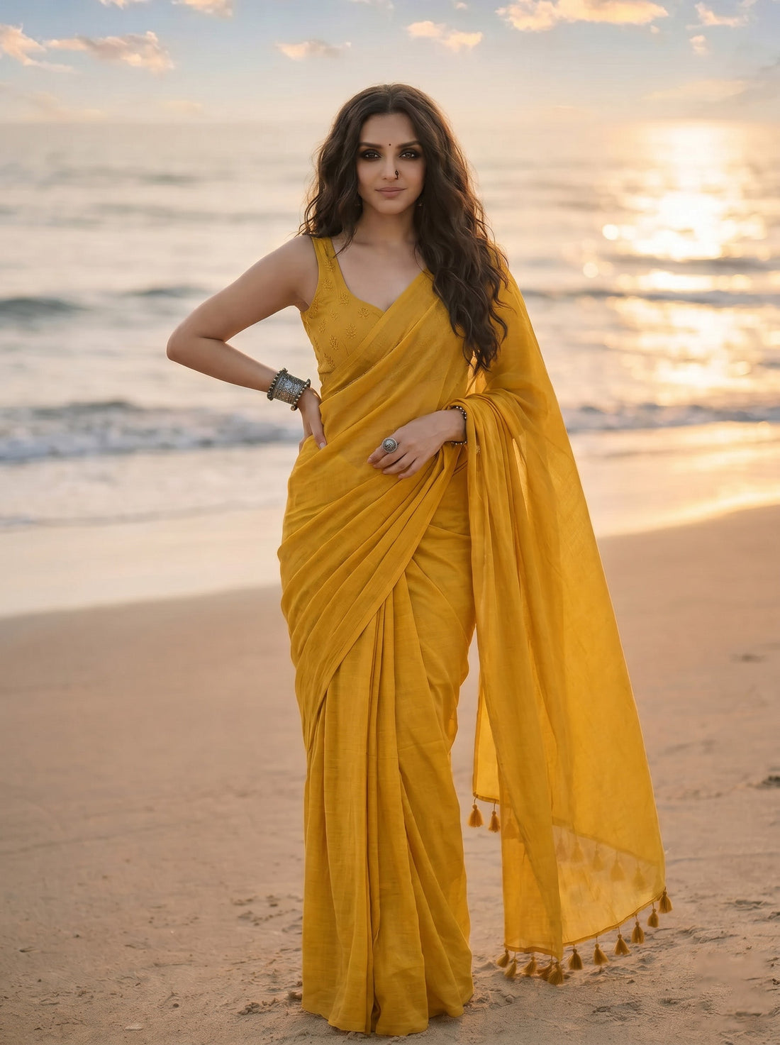 Amber plain yellow mul modal saree by MAYIN