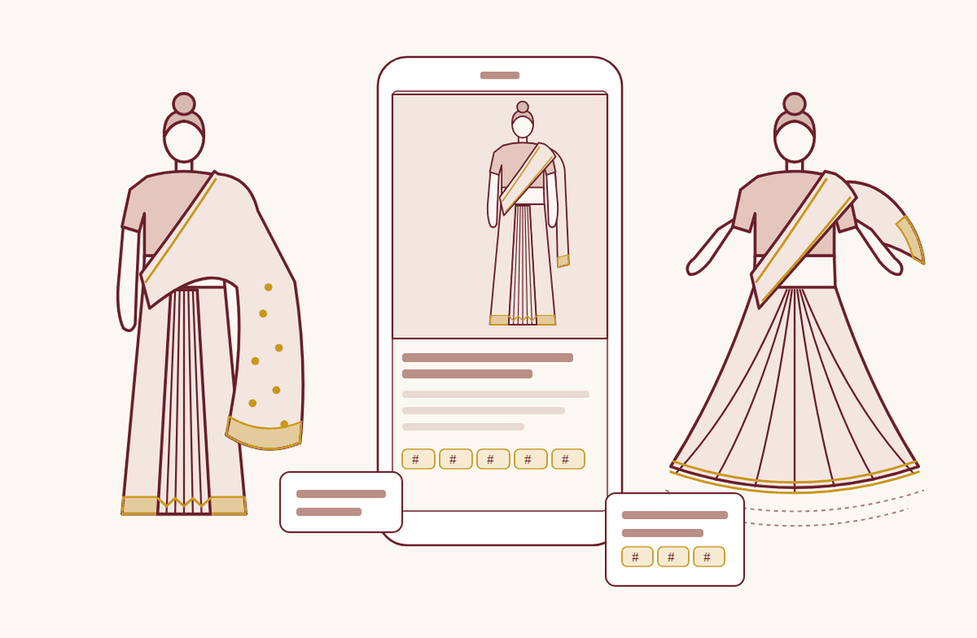 Line drawing of two women in nivi drape sarees beside a phone with a saree post and Instagram caption lines
