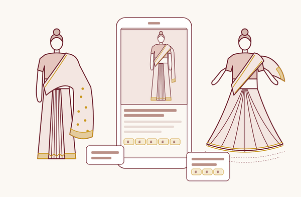 Line drawing of two women in nivi drape sarees beside a phone with a saree post and Instagram caption lines
