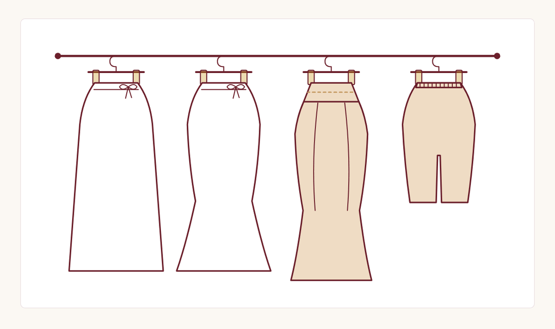 Line drawing of a cotton petticoat, a mermaid petticoat and two kinds of saree shapewear hanging on a rail