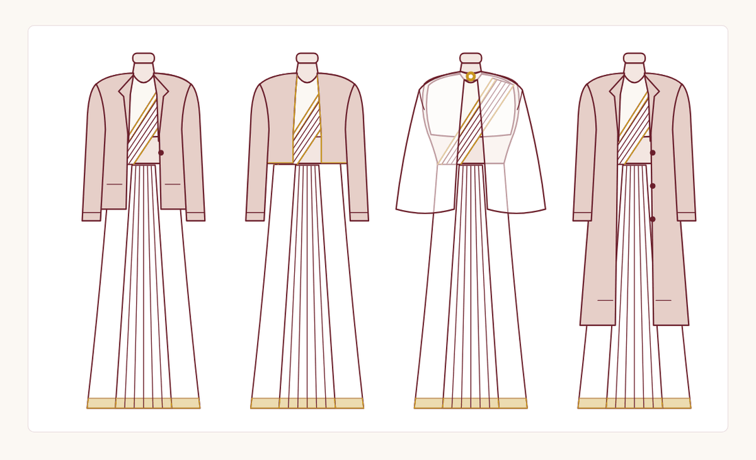 Line drawing of four saree with jacket looks: a blazer, a cropped jacket, a sheer cape and a long coat over a nivi drape